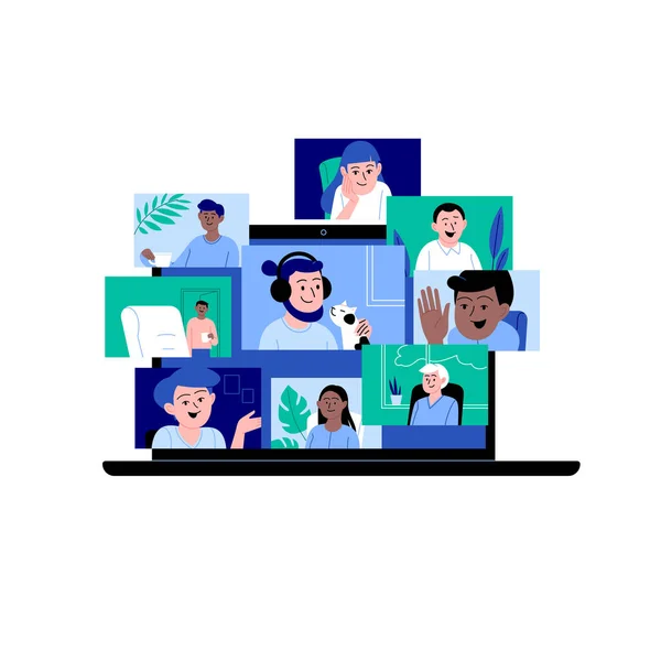 Различные Люди Участвующие Онлайн Конференции Экране Ноутбука Встреча Друзей Сети — стоковый вектор