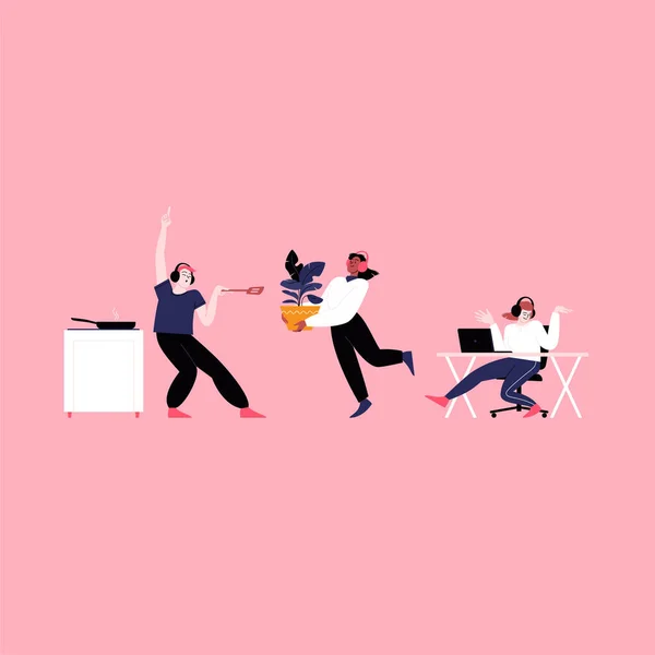 Płaska Ilustracja Ludzi Noszących Słuchawki Tańczących Domu Taniec Podczas Gotowania — Wektor stockowy