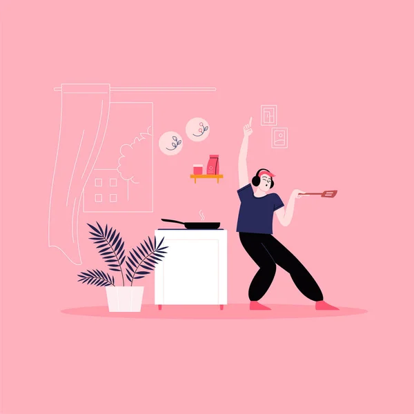 Illustration Plate Homme Portant Des Écouteurs Dansant Cuisine Pendant Cuisson — Image vectorielle