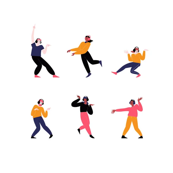 Zestaw Ilustracji Różnych Ludzi Tańczących Solo Jęczące Słuchawki — Wektor stockowy