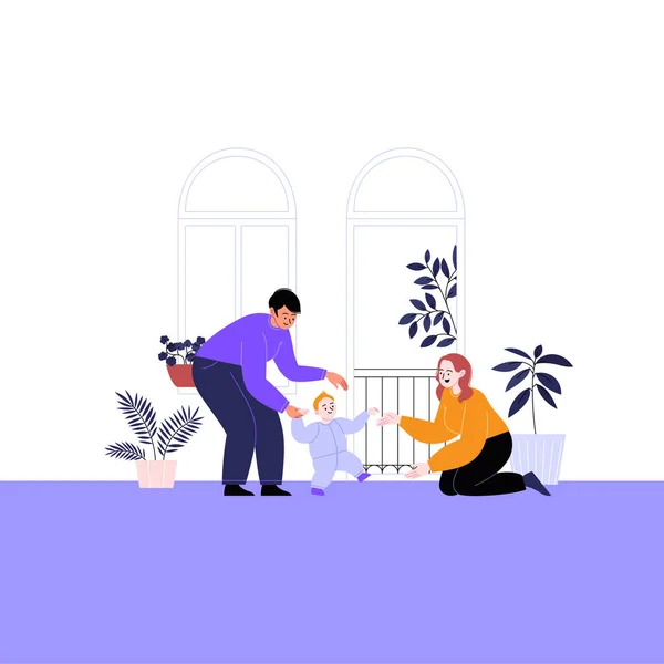 Flache Illustration Einer Queeren Familie Mit Kind Und Haustieren Zwei — Stockvektor