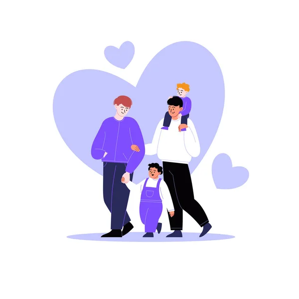 一个奇怪的家庭的平面插图 和孩子一起散步的同性恋夫妇 背景上的心 骄傲月概念 — 图库矢量图片