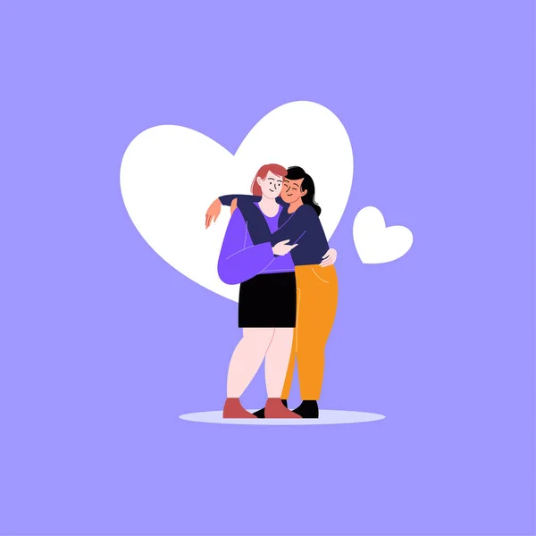 レズビアンカップルのフラットイラスト 二人の女の子が立って抱き合っている 背景にハート プライド月間のコンセプト — ストックベクタ