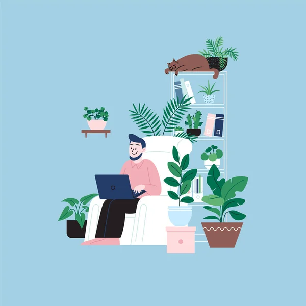 Evde Oturup Dizüstü Bilgisayarla Çalışan Bir Adam Sandalyede Oturuyor Bitkilerle — Stok Vektör