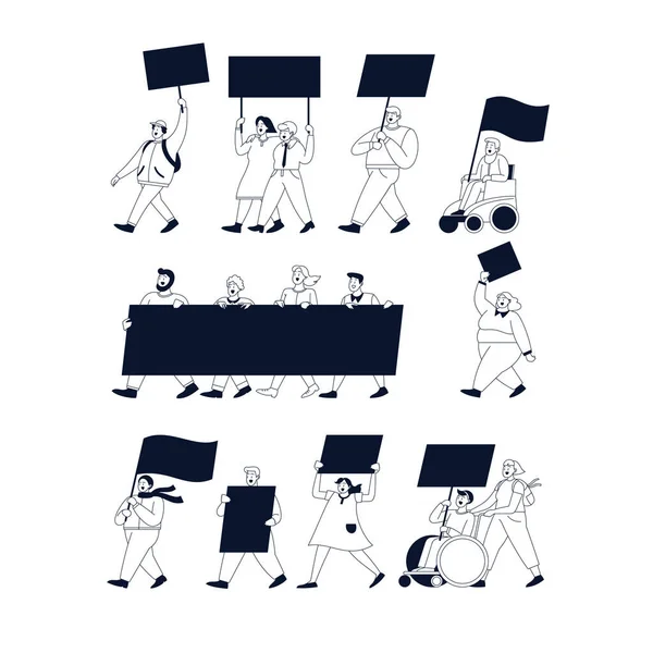 Ασπρόμαυρη Απεικόνιση Πορείας Διαμαρτυρίας Διαφορετικοί Άνθρωποι Περπατούν Μαζί Κρατώντας Πανό — Διανυσματικό Αρχείο