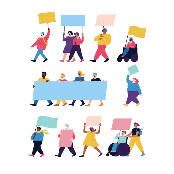 Imagen Plana Una Marcha Protesta Diferentes Personas Caminando Juntas Sosteniendo — Vector de stock