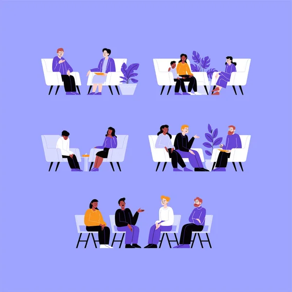 Different People Attending Therapy Session Mental Specialist Personal Family Psychotherapy — Stock Vector