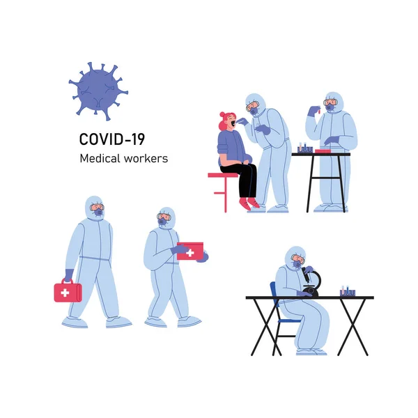 Ensemble Illustrations Plates Médecins Portant Une Combinaison Protection Covid Exécutant — Image vectorielle