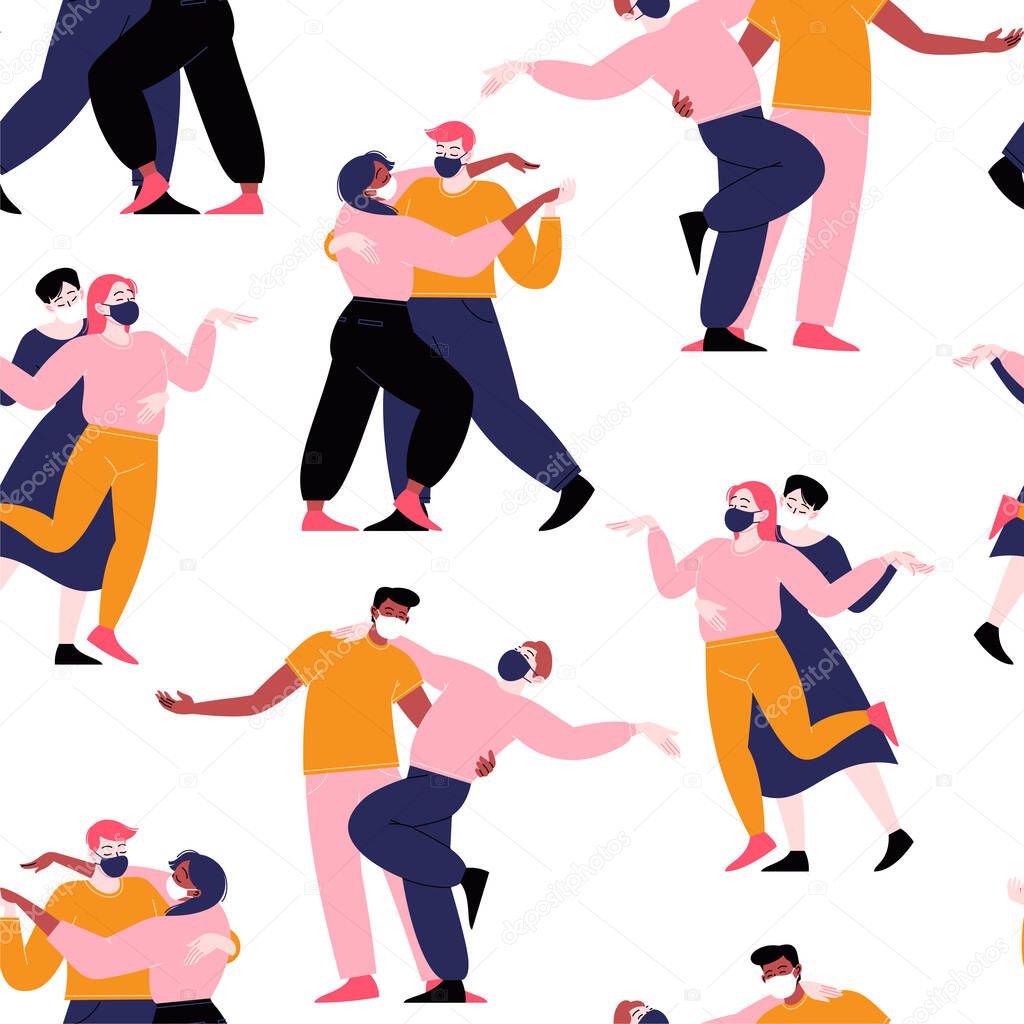 Seamless pattern. Several couples of different people dancing wearing medical face masks.