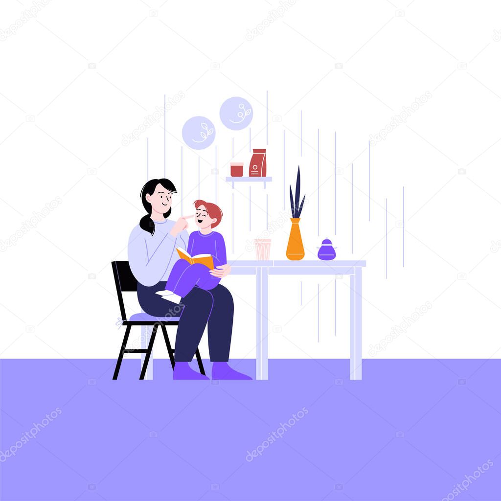 Flat illustration of a mother spending time with her child reading book at home. Staying home concept