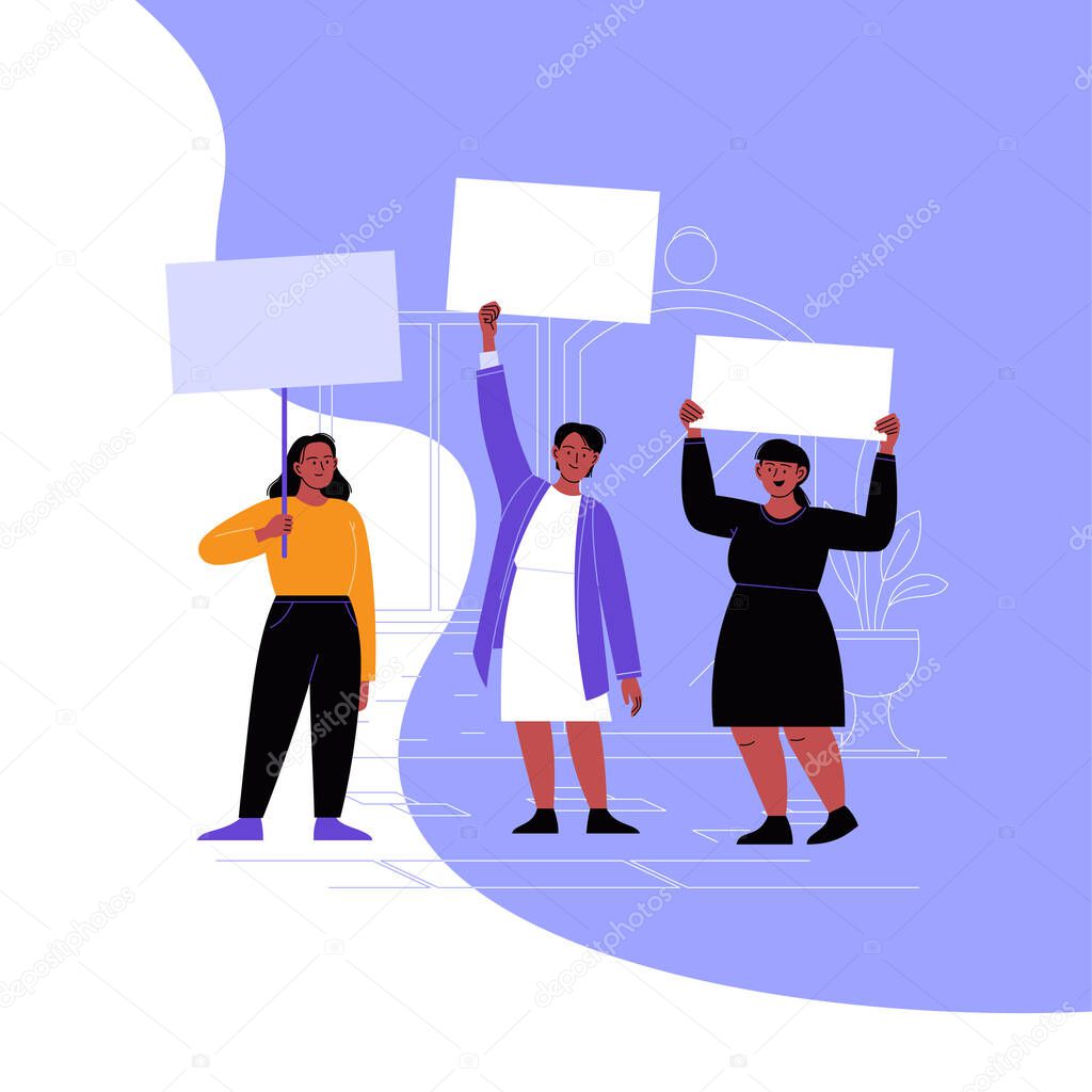 A group of female activists protesting with blank cardboards. Black women standing on the street holding protest posters. Black women rights concept. Flat vector illustration