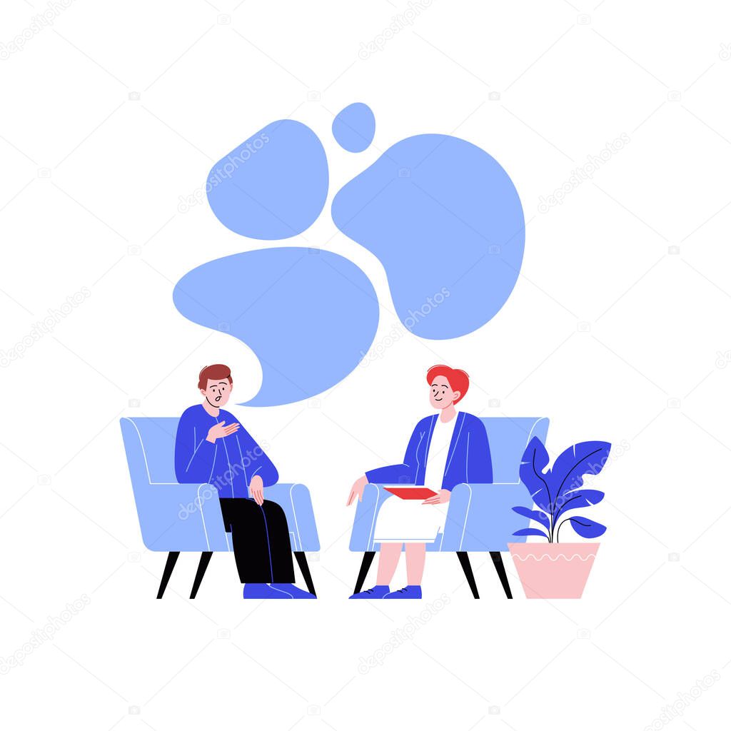 A man attending a therapy session with a female mental specialist. Personal psychotherapy session. Conversation with a psychologist