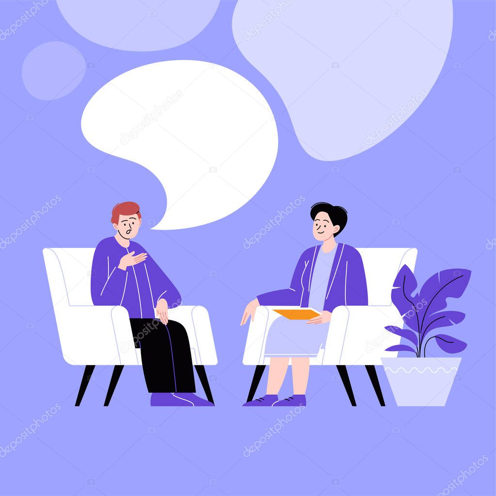 A man attending a therapy session with a black female mental specialist. Personal psychotherapy session. Conversation with a psychologist. Speech bubbles