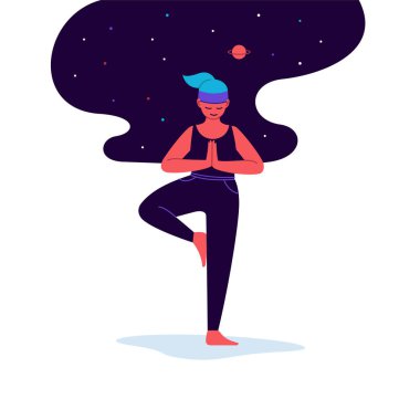 Arka planda yıldızlı gökyüzü ile yoga yapan birinin düz ve çizgi çizimi