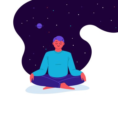 Arka planda yıldızlı gökyüzü ile yoga yapan birinin düz ve çizgi çizimi