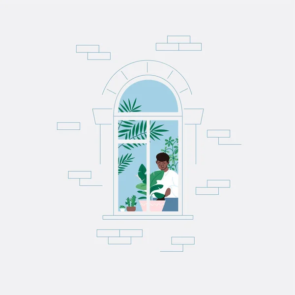 Illustration Plate Une Personne Jardinant Maison Plantant Bananier Restant Maison — Image vectorielle