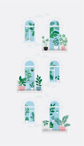 Rostliny Balkóně Místnost Plná Rostlin Výhled Skrz Dveře Koncept Městské — Stockový vektor