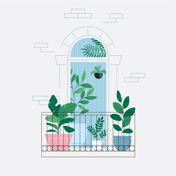 阳台上的家庭植物 房间里满是植物 透过门可以看到 城市丛林概念 — 图库矢量图片