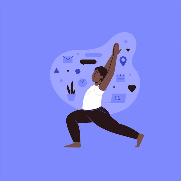 Flachbild Illustration Einer Person Die Yoga Praktiziert Mit Lifestylesymbolen Auf — Stockvektor