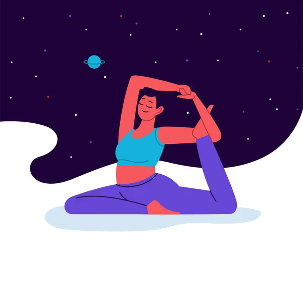 Illustration Plate Linéaire Une Personne Pratiquant Yoga Avec Ciel Étoilé — Image vectorielle