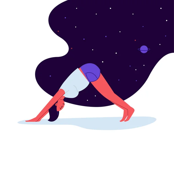Illustrazione Piatta Linea Una Persona Che Pratica Yoga Con Cielo — Vettoriale Stock
