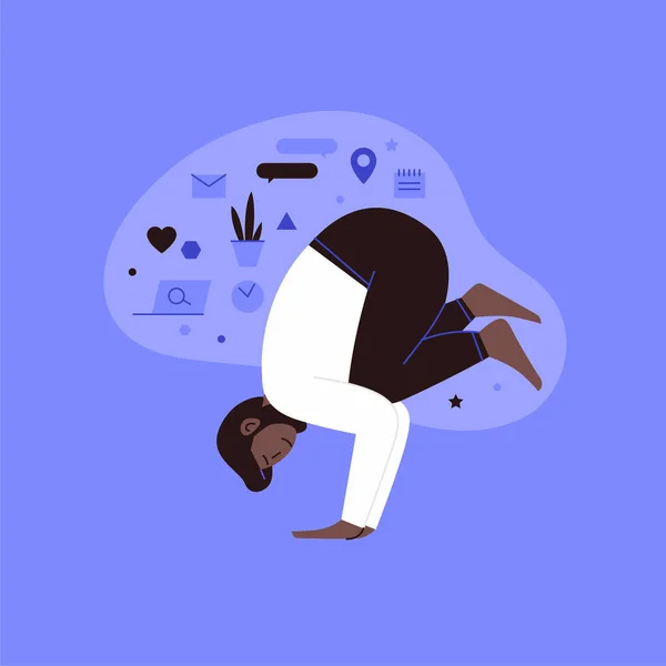 Flachbild Illustration Einer Person Die Yoga Praktiziert Mit Lifestylesymbolen Auf — Stockvektor