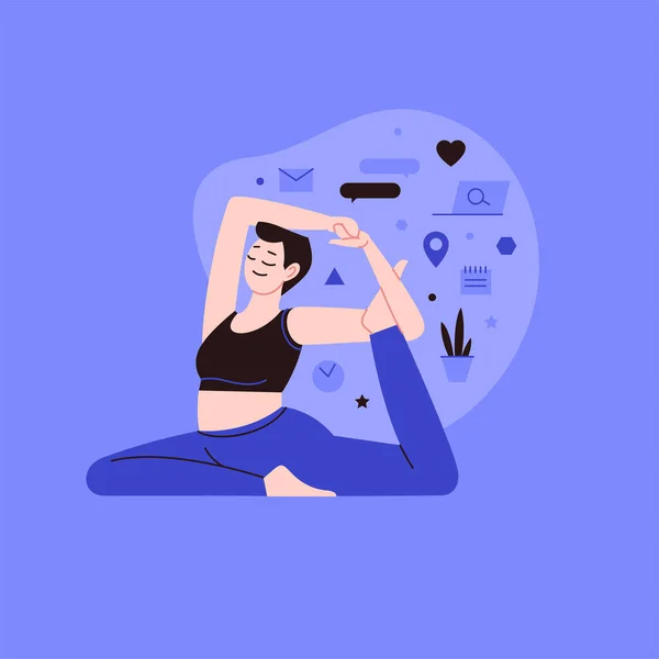 Flachbild Illustration Einer Person Die Yoga Praktiziert Mit Lifestylesymbolen Auf — Stockvektor
