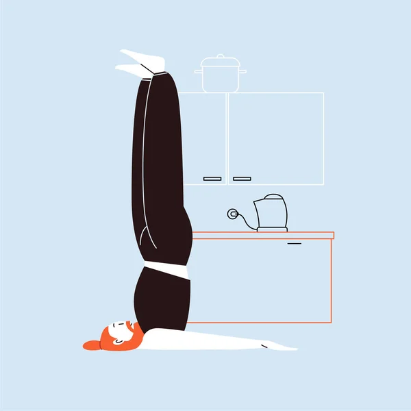 Illustration Caractère Plat Linéaire Une Personne Pratiquant Yoga Avec Intérieur — Image vectorielle