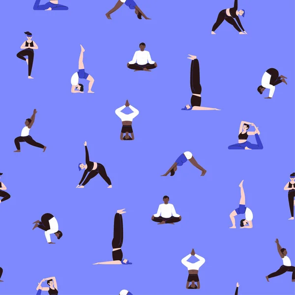 Nahtloses Muster Diverser Menschen Unterschiedlicher Ethnischer Zugehörigkeit Die Yoga Praktizieren — Stockvektor