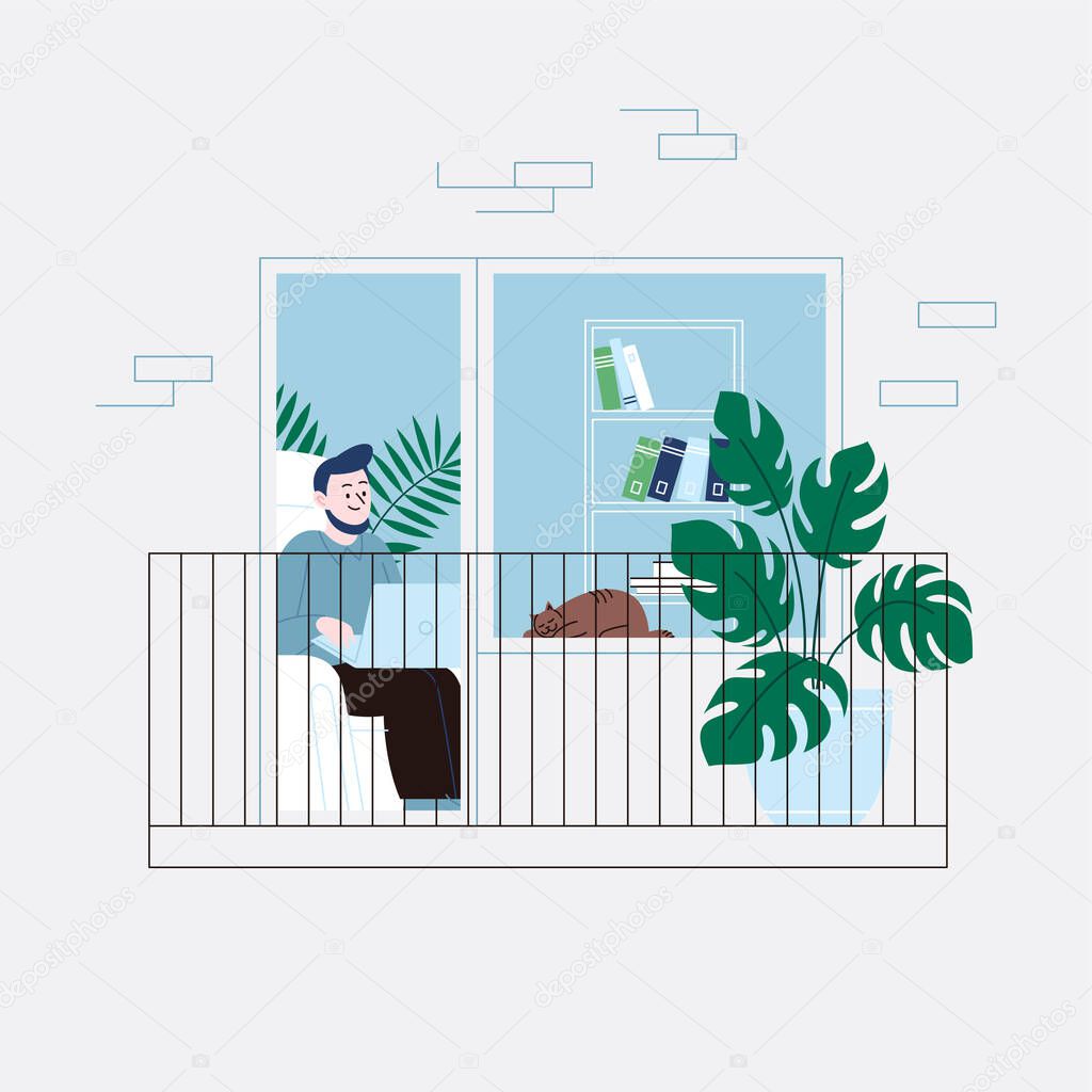 Flat illustration of a man with a beard staying home for the quarantine, working on a laptop in the living room, sitting in the chair. Facade of an apartment house balcony door.