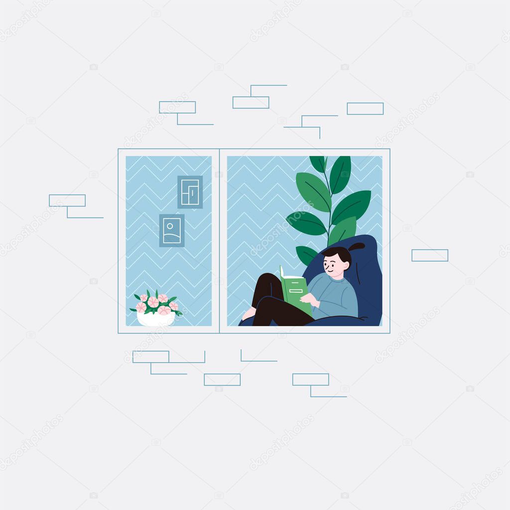 Flat illustration of a girl with a ponytail in the bedroom, sitting on the windowsill reading a book, staying home for the quarantine. Facade of an apartment house, window