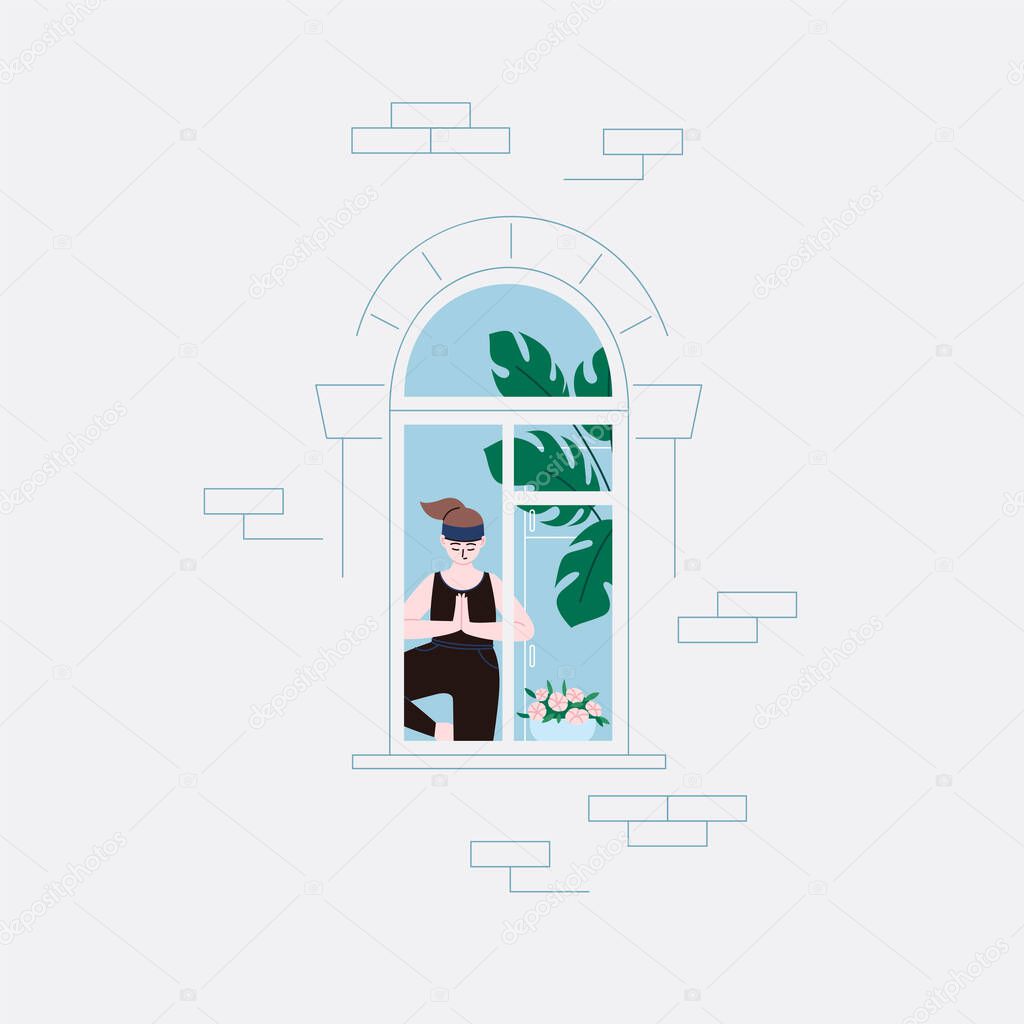 Flat illustration of a girl with a ponytail in the room practicing yoga tree pose, staying home for the quarantine. Facade of an apartment house, window