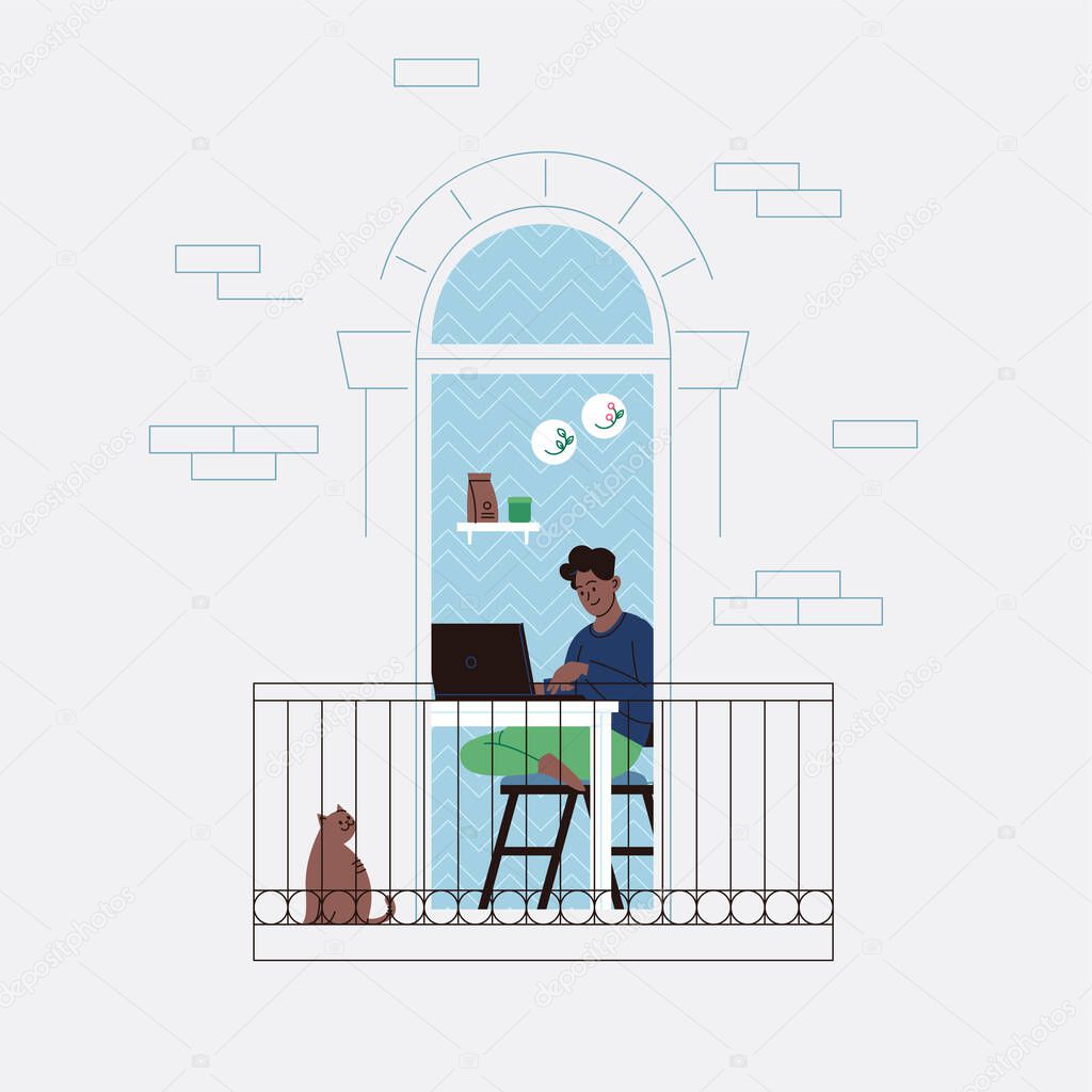 Flat illustration of a person with curly hair working on the laptop in the kitchen, staying home for the quarantine. Facade of an apartment house balcony door.