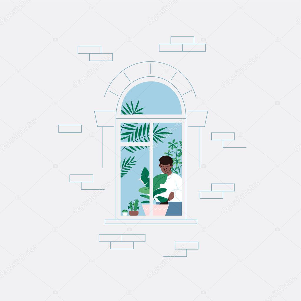 Flat illustration of a person gardening at home, planting a banana tree, staying home for the quarantine. Facade of an apartment house, window