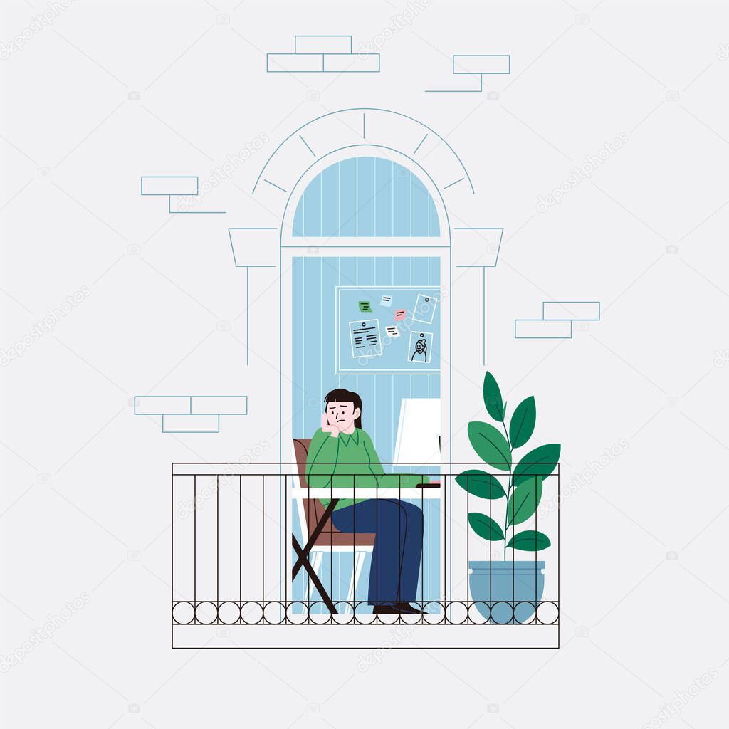 Flat illustration of a sad and lonely woman working from home, staying home for the quarantine. Facade of an apartment house balcony door.