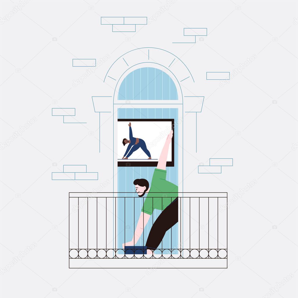 Flat illustration of a man with a beard staying home for the quarantine practicing yoga with a video lesson. Facade of an apartment house balcony door.