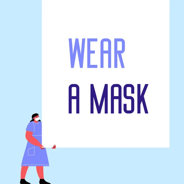 Una mujer sosteniendo una pancarta que decía usar una máscara — Vector de stock