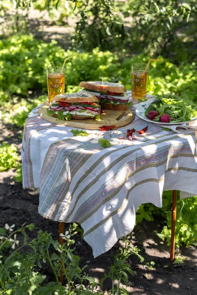 Açık Öğle Yemeği, sandviç, salata ve buz çayı, Vintage gözlük