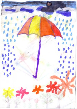 şemsiye yağmur altında çizim çocuklar