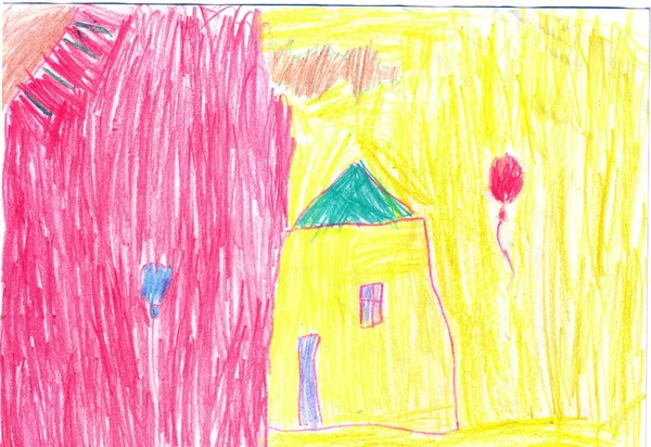 children drawing house on a yellow and red background