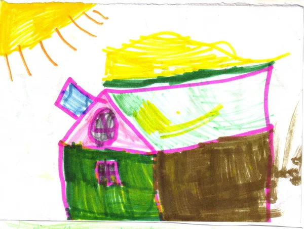 Kinder Malen Buntes Haus Und Sonne Stockbild