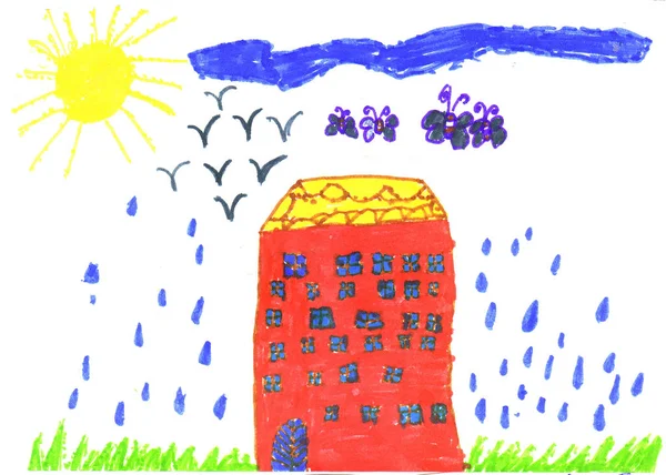 Kinder Zeichnen Haus Regen Stockfoto
