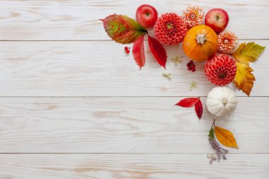Yıldızçiçeği, elma, kabak ve sonbahar sonbahar desen Beyaz ahşap zemin üzerine bırakır. Kopya alanı ile üstten görünüm