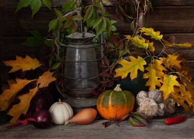 kabaklar, sarımsak ve soğan, eski rustik gaz lambası ve sonbahar sonbahar arka plan üzerinde ahşap arka plan bırakır