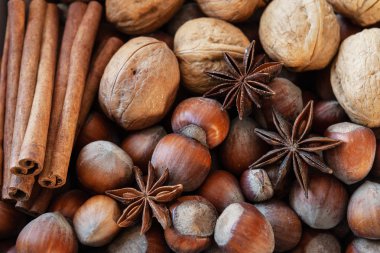 Ceviz, fındık, tarçın kabukları ve anason yıldız görünümü Kapat