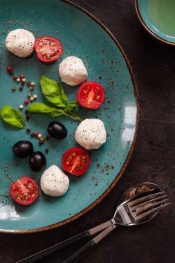 Beyaz mozzarella topu peynir, zeytinyağı, kırmızı kiraz domates, zeytin ve basilon koyu beton arka plan Close-up. Üstten görünüm, düz yatıyordu