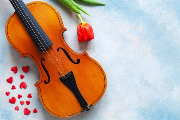 Alte Geige Rotes Herz Figuren Und Rote Tulpe Valentinstag März — Stockfoto