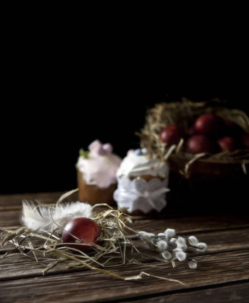 Œufs Pâques Peints Saule Gâteaux Pâques Nature Morte Dans Style — Photo