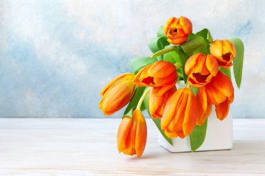 Gökyüzü mavi zemin üzerine kırmızı lale buketi