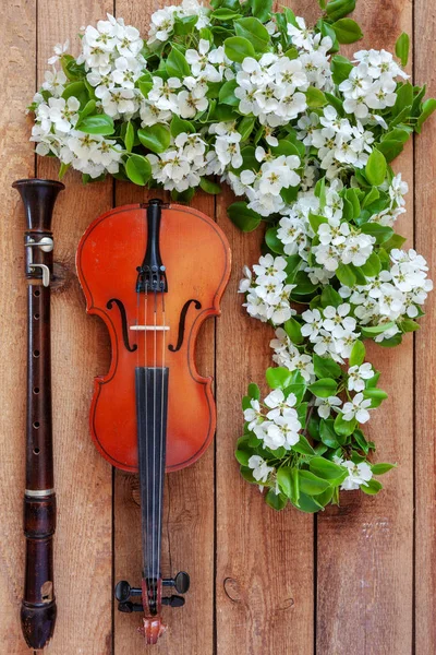 Old violin, flute and blossoming apple tree branches. Top view, — Stock Photo, Image